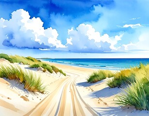 Watercolor depiction of a sunny beach scene with clouds and ocean