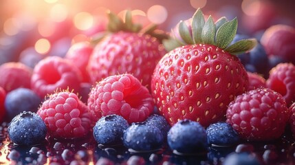 Close up of fresh ripe red strawberries and blue blueberries with raspberries in soft bokeh