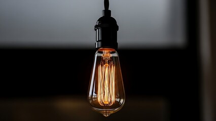 A close-up of a warm, glowing vintage Edison light bulb isolated on a dark background.