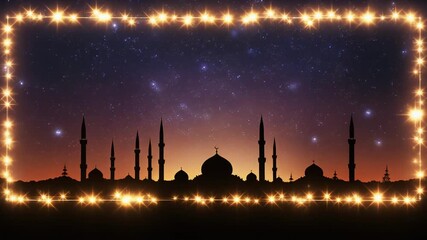 Soft sunset silhouette of a mosque framed by lights video.