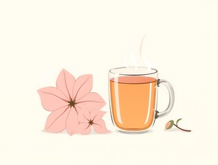 simple illustration of a cozy stylized creative composition still life with a delicate transparent mug filled with steaming tea, alongside a freshly picked pastel pink flower