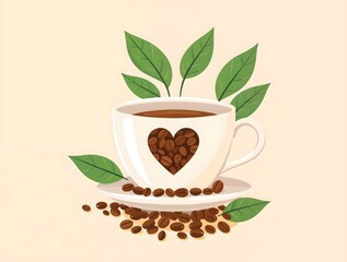 simple illustration of cute cozy international day of coffee, delicate cup with a heart made of tiny coffee seeds and surrounded by lush green leaves