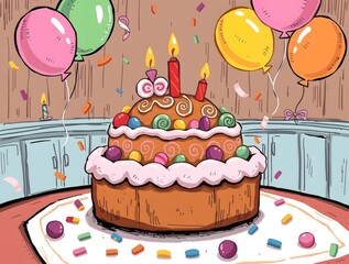 illustration of a cozy stylized colorful doodle featuring a vibrant gingerbread birthday cake adorned with swirly icing and candy decorations