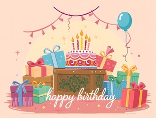stylized and whimsical illustration of cozy birthday greeting card featuring a vibrant happy birthday cake with lit candles, surrounded by beautifully crafted wooden box