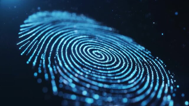 Close-up of a blue fingerprint with a spiral pattern on a dark background with a shallow depth of field.