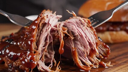 Closeup view of succulent slowcooked pulled pork being expertly shredded with two forks generously coated in rich smoky barbecue sauce and sprinkled with sesame seeds highlighting the tender texture .