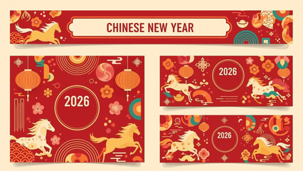 Chinese New Year 2026 Horse Year Banners with Traditional Decorations and Festive Elements.