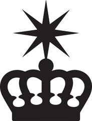 Black silhouette royal crown topped with seven pointed star symbol for monarchy or kingship