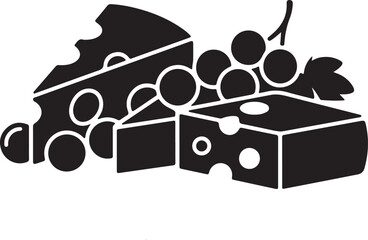 Black silhouette of cheese blocks with grapes arranged together on a flat surface