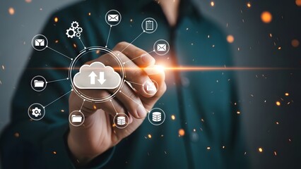 Cloud Computing Network Security Visualization with Hand Interaction and Technology Icons in Modern Business Environment