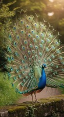 Obraz premium Vibrant peacock displaying iridescent plumage in a serene nature backdrop setting gracefully
