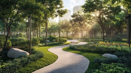 Winding park path through lush greenery, morning sun, modern buildings