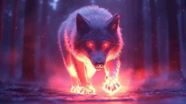Mystical Wolf with Glowing Red Eyes and Fiery Paws in a Dark Forest.