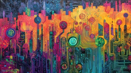 Abstract city skyline, colorful, futuristic, circuit board design