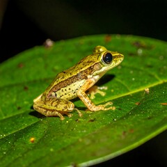 Obraz premium Tiny frog, with golden skin and dark eyes, perches on a leaf