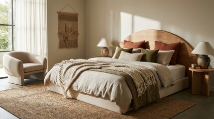 Cozy Earth Toned Bedroom Interior.