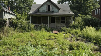 Abandoned house in overgrown yard, urban decay, neighborhood backdrop