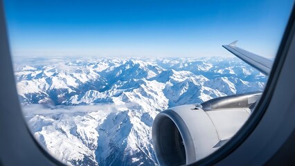 Expansive aerial view of snow-capped mountains from an airplane window. Majestic winter landscapes stretch under a clear blue sky, evoking serene high-altitude travel