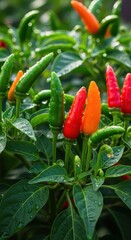 Vibrant chili peppers ripening on the plant reflecting morning dew freshness showcasing nature's
