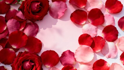 Fototapeta premium Romantic frame of red and pink rose petals with blooming roses for love and celebration