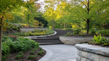 Winding stone path through landscaped garden with tiered stone walls