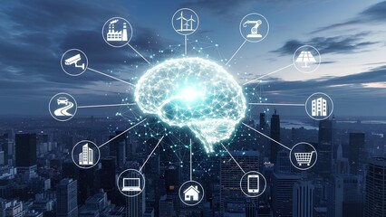 Artificial intelligence brain representing a smart city network, connecting various technological icons over a futuristic urban skyline, symbolizing global innovation and digital transformation