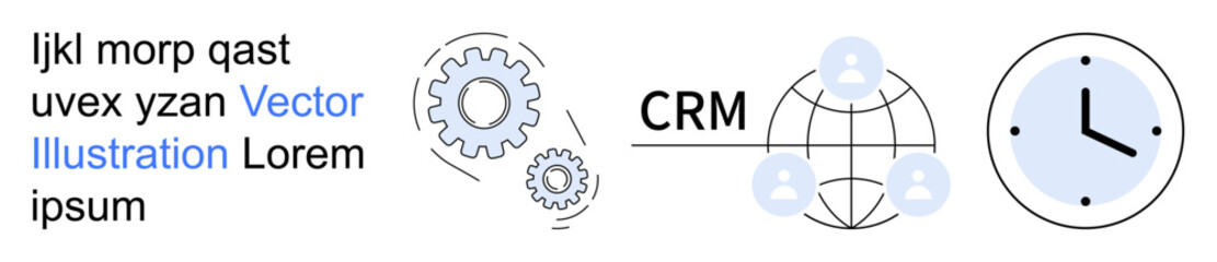 Business strategy, time management, workflow optimization, customer service, global networking, process automation. Gear icons, globe with users clock. Time management and workflow optimization