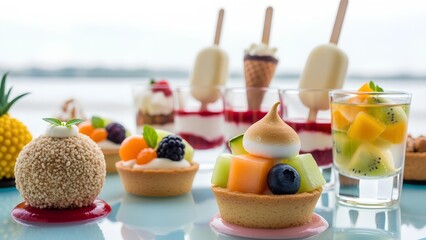 A delightful spread of assorted miniature desserts, including tarts, parfaits, and frozen treats, elegantly displayed on a reflective surface