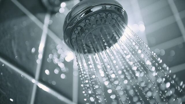 Shower head with water droplets falling from it in a bathroom setting.