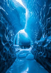 Captivating glacial ice cave tunnel with frozen water reflecting the bright light from opening above