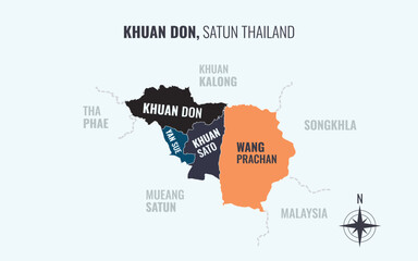 Map showing Khuan Don District Satun Thailand divided into sub districts with minimalist colorful patterns