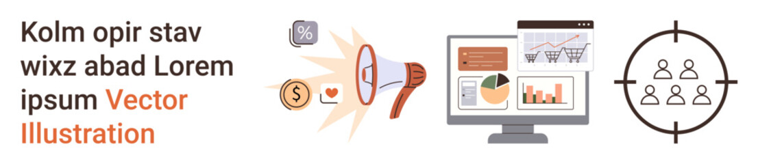 Obraz premium Digital marketing, analytics, audience targeting, media promotion, financial planning, business strategy. Megaphone, money charts target icons. Digital marketing and audience targeting concept