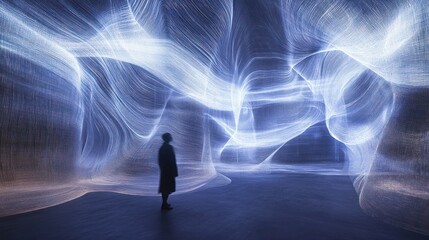 Abstract art exhibit, person contemplates light patterns in modern gallery