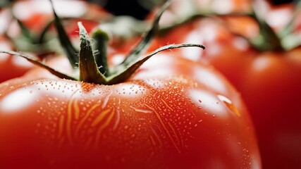 Vibrant red ripe tomatoes with glistening water droplets on their smooth skin showcasing freshness and natural beauty ready for healthy cooking and culinary delights perfect for food blogs and health.
