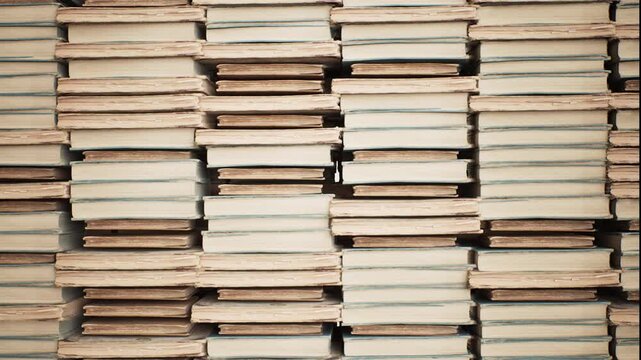 Closeup Stacked of Books in Library room interior. 3D animation. 4K.