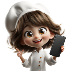 Cute 3d Animated Female Chef Holding Smartphone and Pointing
