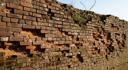 Weathered brick wall revealing textures and decomposition patterns over time