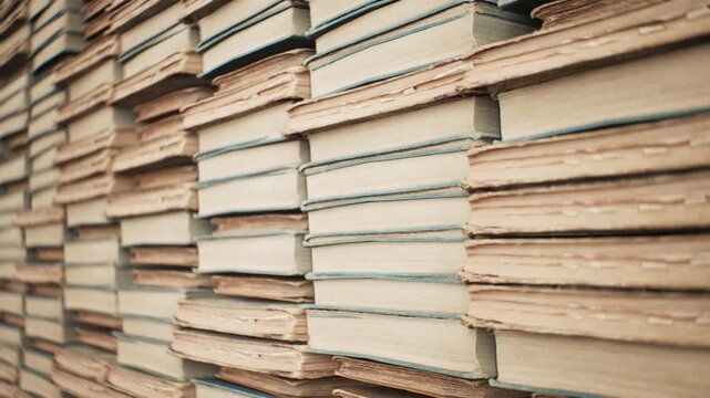 Closeup Concept Stacked of Books in Library room interior. 3D animation. 4K.