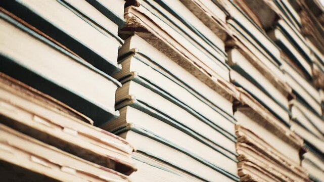 close up of a stack of books in library room interior. 3D animation. 4K.