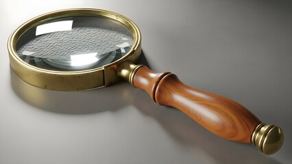 A detailed product shot of a classic magnifying glass with a golden frame and wooden handle on a gray surface.
