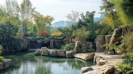 Tranquil park pond with waterfalls and rocks, serene garden landscape