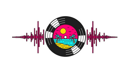 synthwave music record with retro tropical beach scene palm trees ocean and vibrant sound waves for summer events and designs