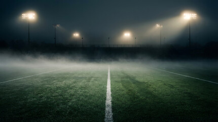 A foggy night on a soccer field with bright stadium lights illuminating the mist and green grass.