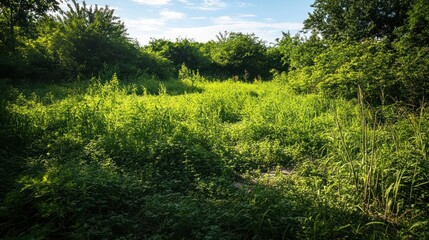 Sunny overgrown field under a partly cloudy sky