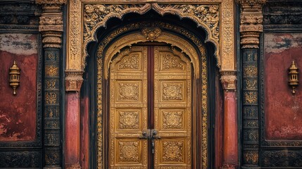 Ornate golden doors in a historic Indian building