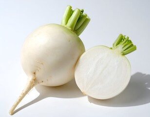 Whole and halved round white root vegetable with green leafy tops