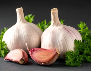 Two garlic bulbs and cloves with fresh parsley sprigs on a dark surface