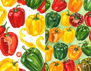 Two seamless patterns featuring vibrant, colorful bell peppers