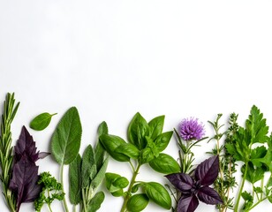 Fresh herbs arranged on white, creating a natural and flavorful composition