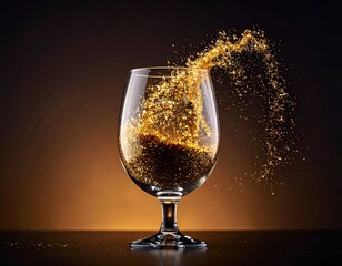 Glass overflowing with golden glitter against a warm, dark background